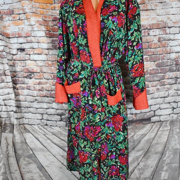 Victorias Secret Medium Gold Label Floral Satin Full Length Robe Pockets Belt - Picture 3 of 12